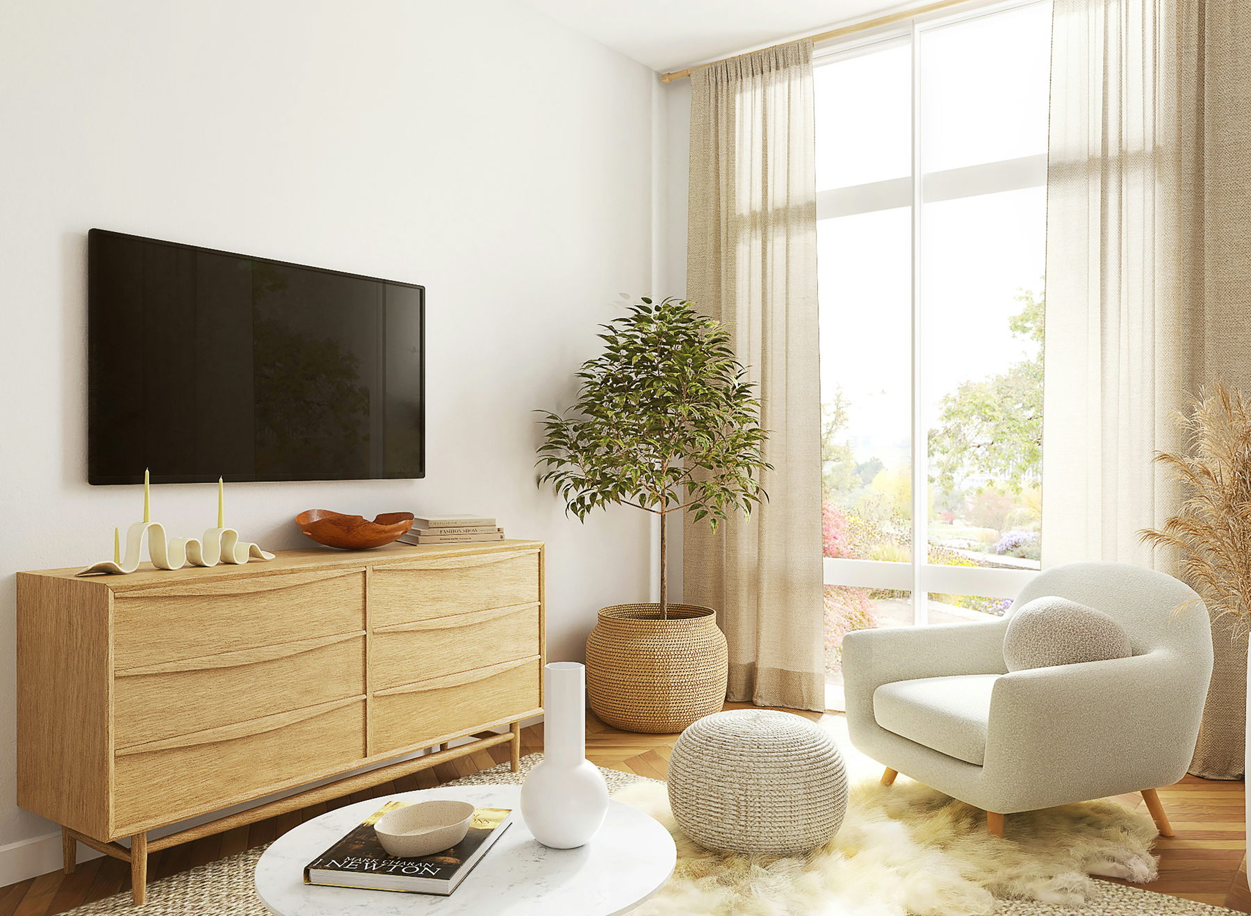 Jemand reinigt einen Flachbildfernseher im Wohnzimmer